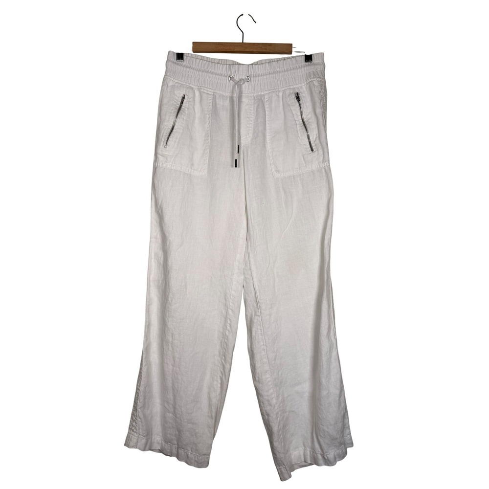 ATHLETA Cabo Linen Wide Leg Pants White Elastic‎ Waist Zip Pockets Size 4